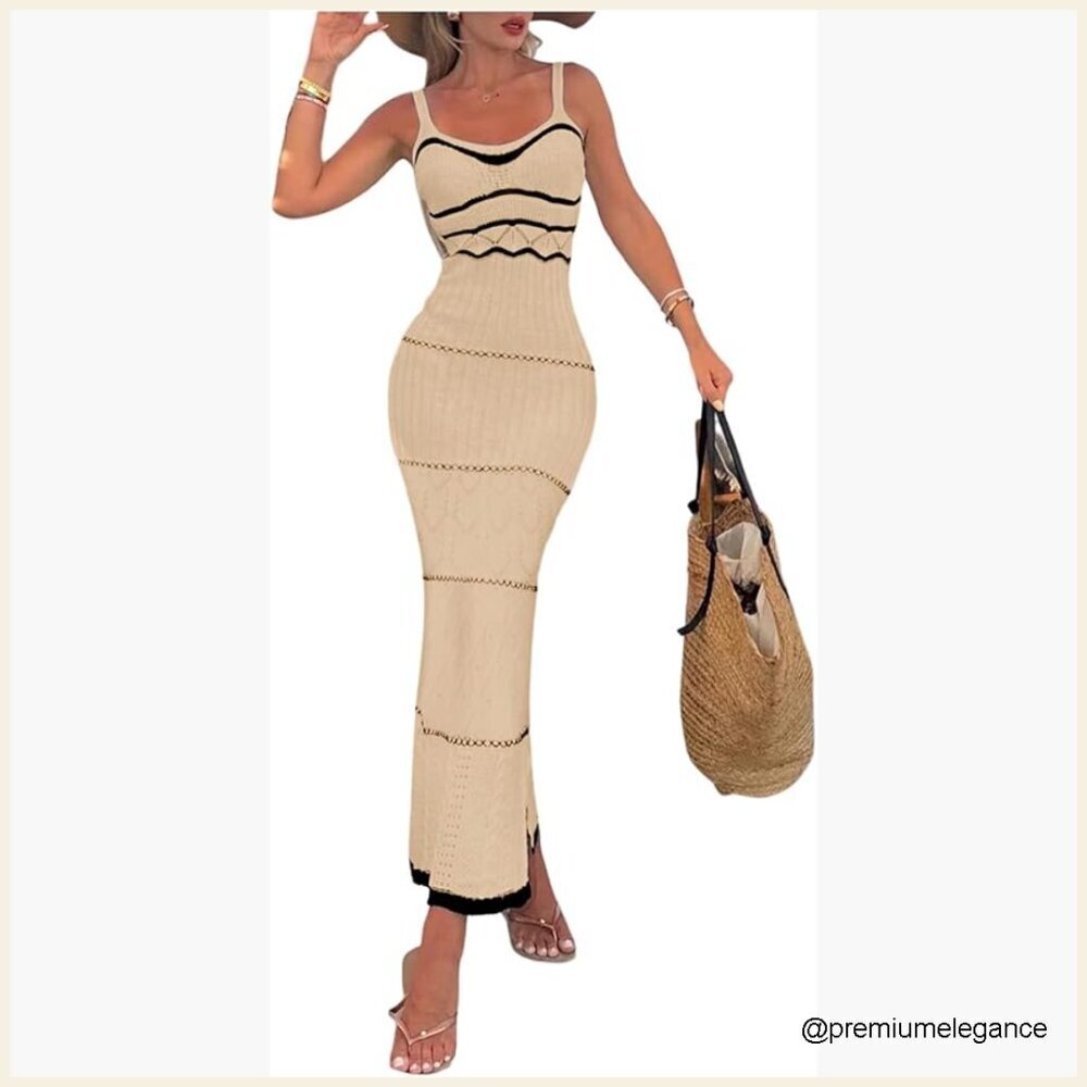 Maxi Bodycon Dress Spaghetti Strap Crochet Knit Formal Wedding Guest